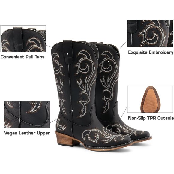 Dream Pairs Women's Black Mid Calf Cowgirl Boots Square Toe Chunky Heel Shoes - Picture 5 of 8